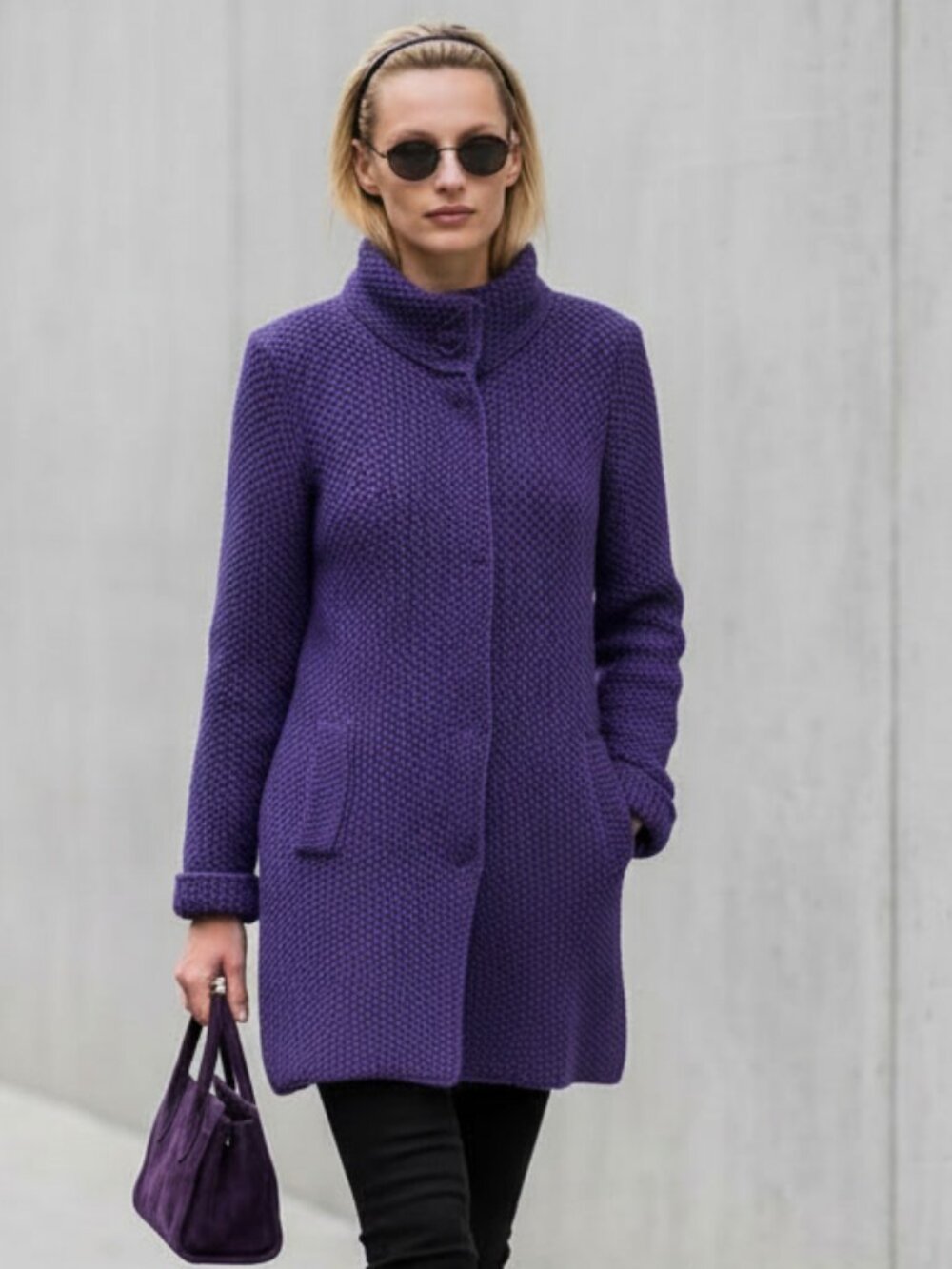 Vintage Ports Royal Purple 100% Wool Funnel Neck Sweater Coat Size S